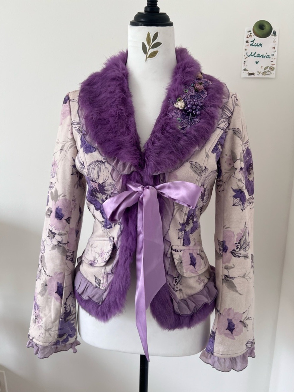 Vintage Purple Real Rabbit Fur Collar Floral Jacket with Beaded Embroidery S